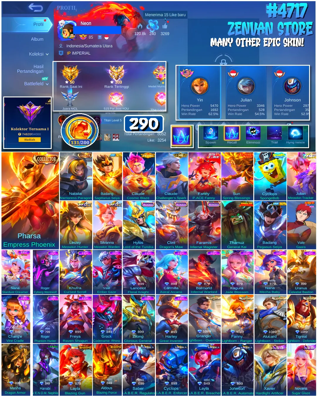 Mobile Legends: Bang Bang Accounts #4717 290 Skins | Pharsa Empress Phoenix (COLLECTOR) | Badang Sagittarius Seiya (SAINT 1