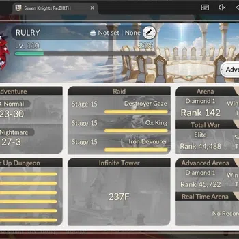 Seven Knights Re:Birth Accounts Global |5 EX7 (Rosie TC1,Gelidus TC1,Fai,Melia,Juri)|38 TC6(Dellons,Aris,Rudy,Clemyth