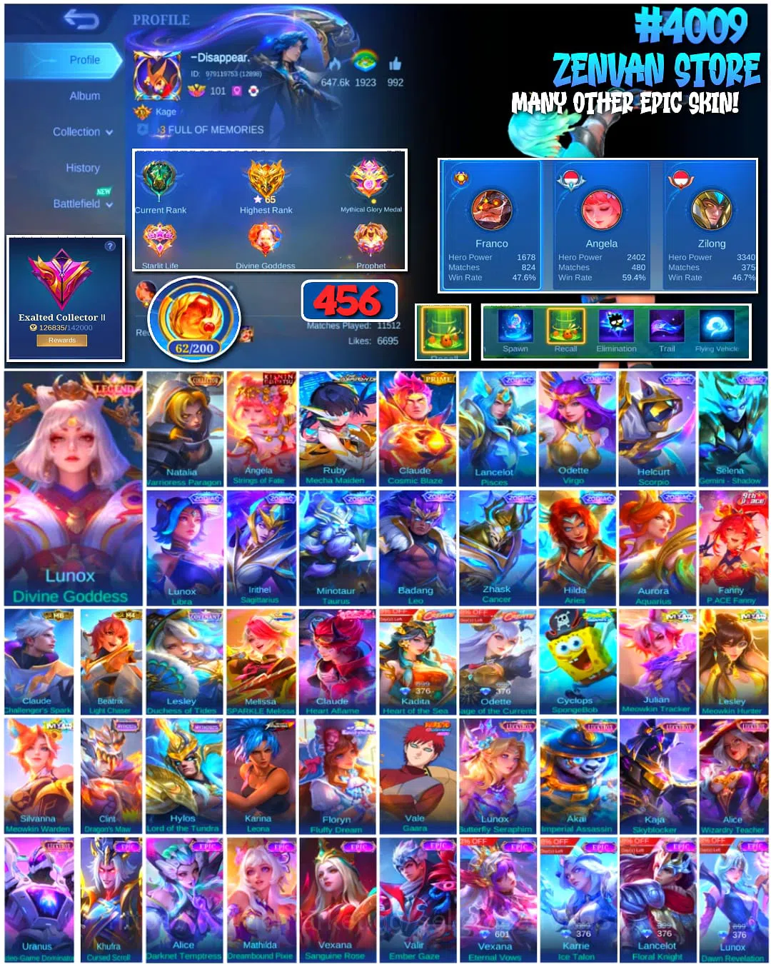 Mobile Legends: Bang Bang Accounts 🔥 #4009 🔥 456 Skins 💎 Exalted Collector II 👑 Legend Lunox Divine Goddess ⚔️ King of 1