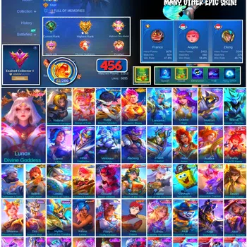 Mobile Legends: Bang Bang Accounts 🔥 #4009 🔥 456 Skins 💎 Exalted Collector II 👑 Legend Lunox Divine Goddess ⚔️ King of