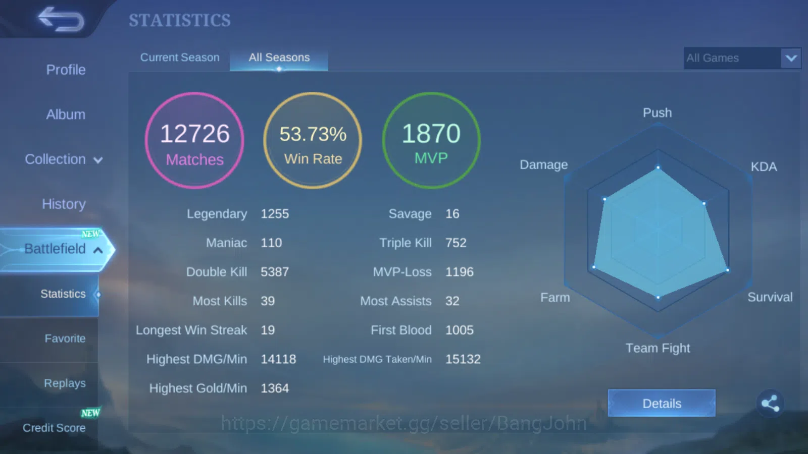 Mobile Legends: Bang Bang Accounts Others Hero 131 | Skin 253 | IMMORTAL | KOF Karina | Collector Natalia | Peace Fanny 2