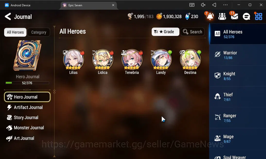 Epic Seven Accounts Starter GLOBAL UnVerif|Starter|1 ML (LionHeart Cermia)+Lilias,Landy,Lidica,Etc|Poh ON|1,9K Energy+1,2K 7