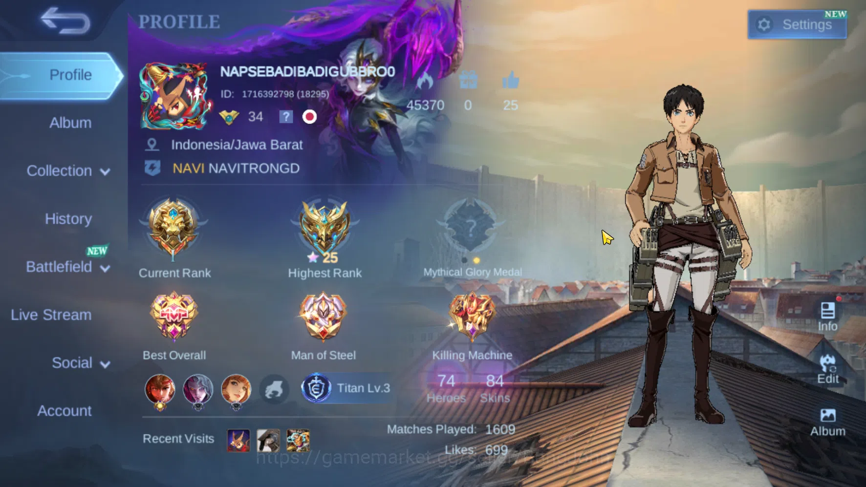 Hero 74 | Skin 84 | Emblem Max 2 | AOT Yin | Blazing Franco | Epic YSS | Epic Roger | Epic Harley | Epic Lancelot ML728B Mobile Legends: Bang Bang Others Hero 74 | Skin 84 | Emblem Max 2 | AOT Yin | Blazi image 1