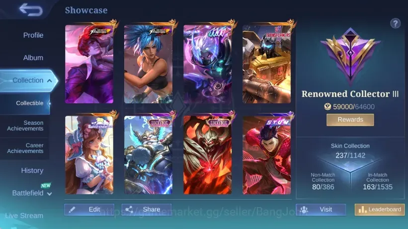 Mobile Legends: Bang Bang Accounts Collector Global|Skin237|Renowned|KOFKarina+Chou,11.11Hayabusa,SanrioFloryn,Luckybox 1