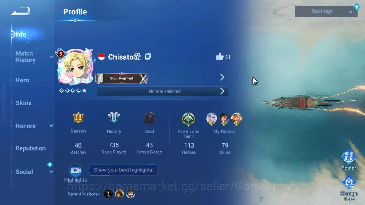 Honor of Kings Accounts Rare Skin Hero 113 Skin 79|Flawless Arli|AOT Mayene,Bleach HouYi,Legend(HouYi,Musashi,Di 2