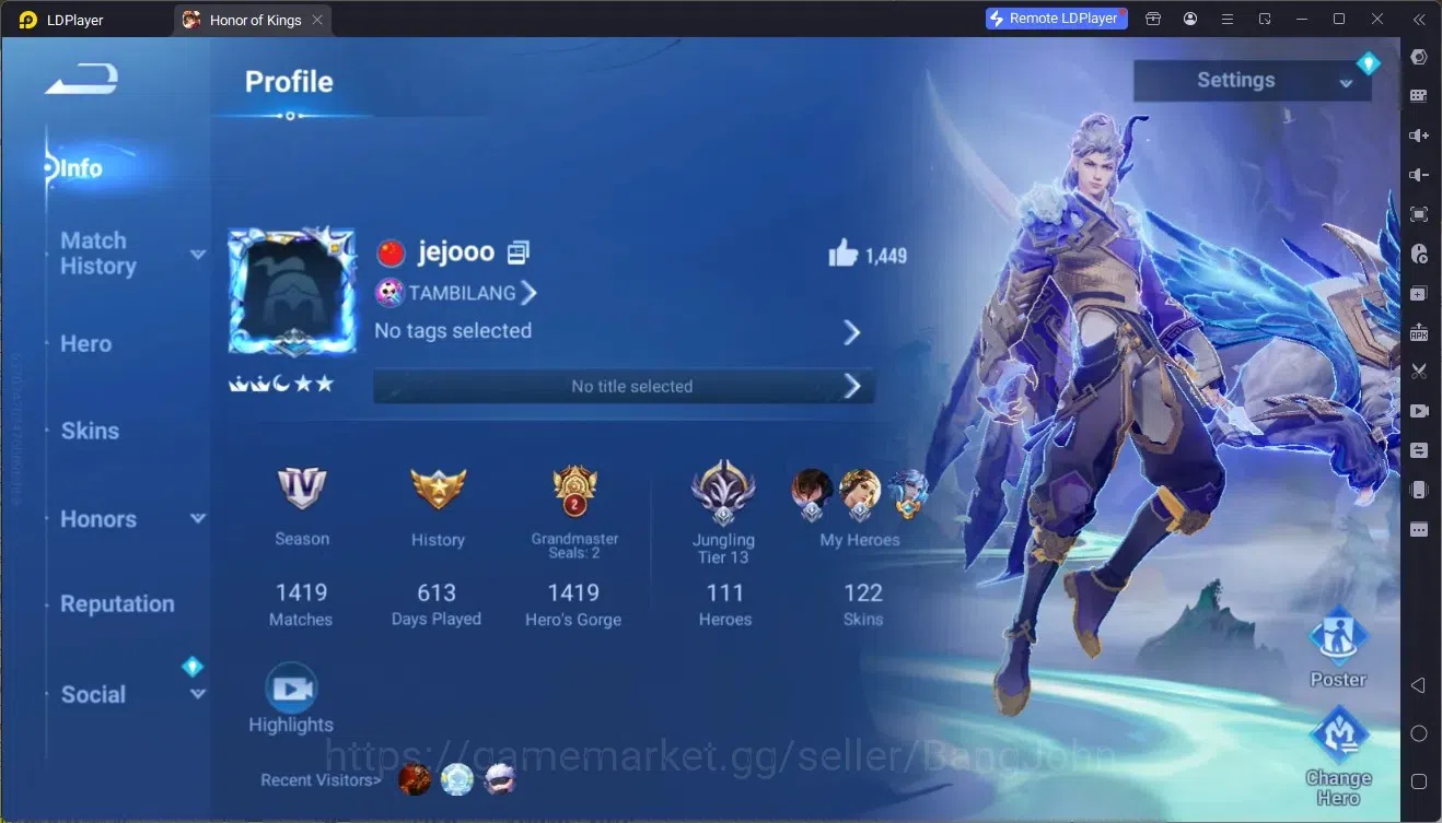 Honor of Kings Accounts Rare Skin Global|111H 122S|Lny Lam, Lny Consort Yu,Lny DaQiao,ShanHai Yao,ShanHai Yaria,JJK Garo,And 1