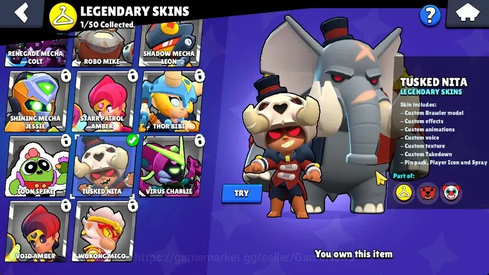 Brawl Stars Accounts 1009 Trophy|15K Bling|19 Brawlers 3 Max Lvl [Shelly,Poco,Mina]|1 Legend Skins (Tusked Nita) 3 Epic|CN 9