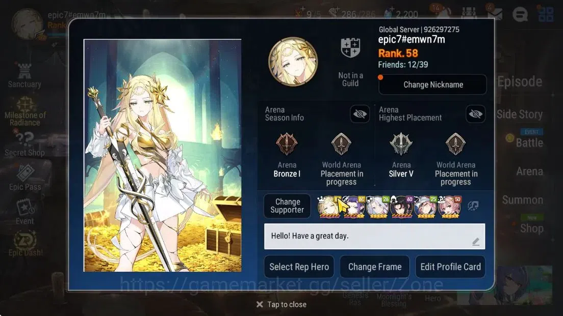 Epic Seven Accounts High-End Global|New ERA|9ML(Monarch Iseria, BArunka, NM Luna, RRoana, DK Sharun)|PoH+Bless+Theater ON|SS 8