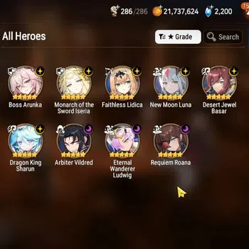 Epic Seven Accounts High-End Global|New ERA|9ML(Monarch Iseria, BArunka, NM Luna, RRoana, DK Sharun)|PoH+Bless+Theater ON|SS