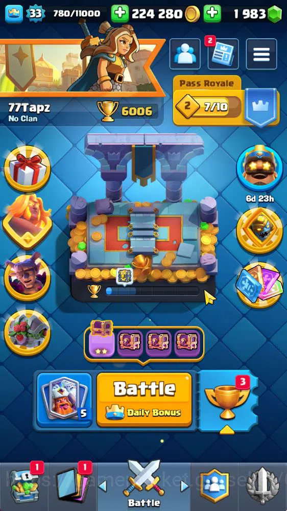 Lvl 33|Trophy 6006|1983 Gems|KTL 11|Limited Skin|Card 111|9 EVO 2 Champ 17 Legendary 33 Epic 30 Rare 29 Common|Take Email(CR826) Clash Royale Midgame Lvl 33|Trophy 6006|1983 Gems|KTL 11|Limited Skin|C image 1