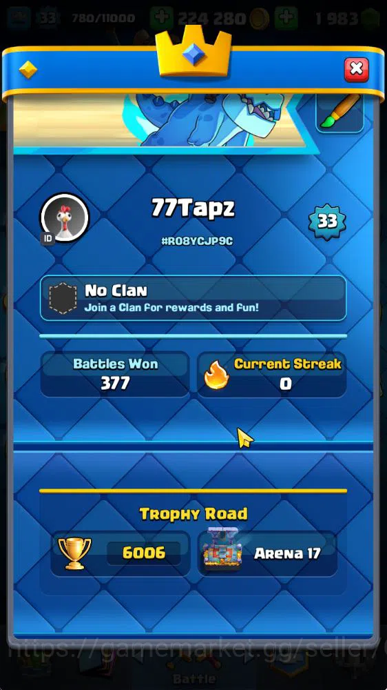 Clash Royale Accounts Midgame Lvl 33|Trophy 6006|1983 Gems|KTL 11|Limited Skin|Card 111|9 EVO 2 Champ 17 Legendary 33 Epic 2