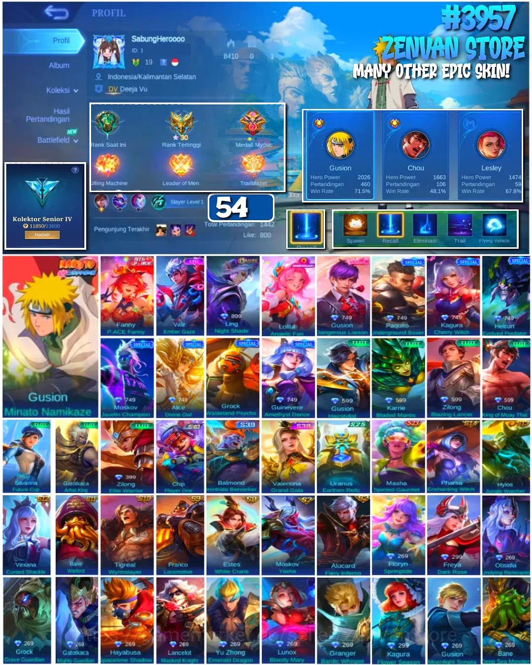 Mobile Legends: Bang Bang Accounts #3957 54 Skins Minato Many Epic Android Only Safe Account 1