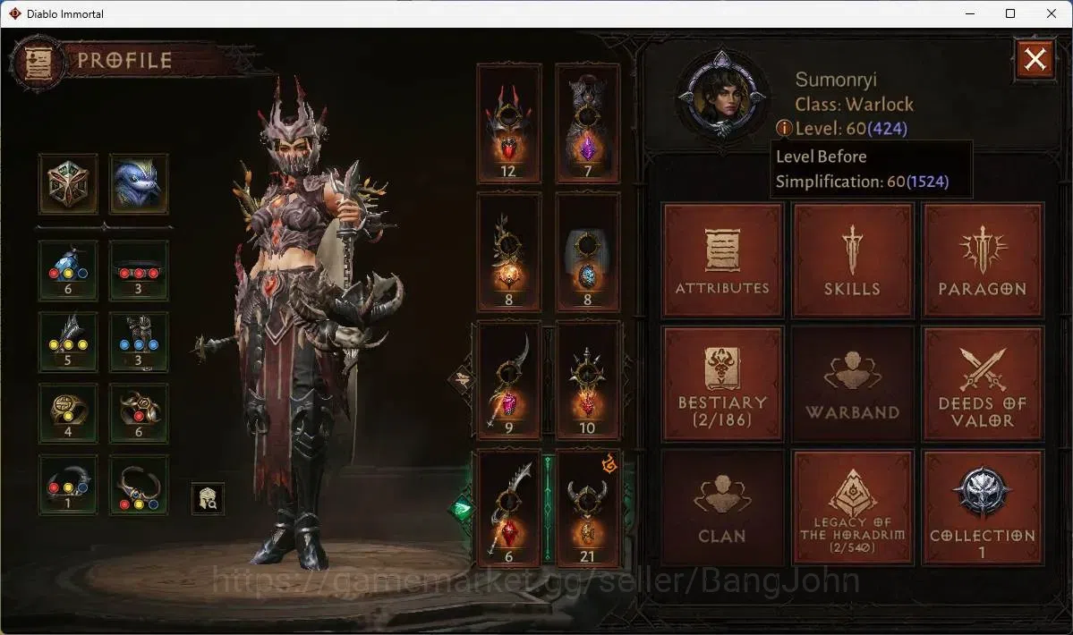 Diablo Immortal Accounts High-End NA - Chains of Honor |60 (424) Warlock-Maledictor|CR 32k|Reso 375|Inferno 1|Myrrien Lv 30 1