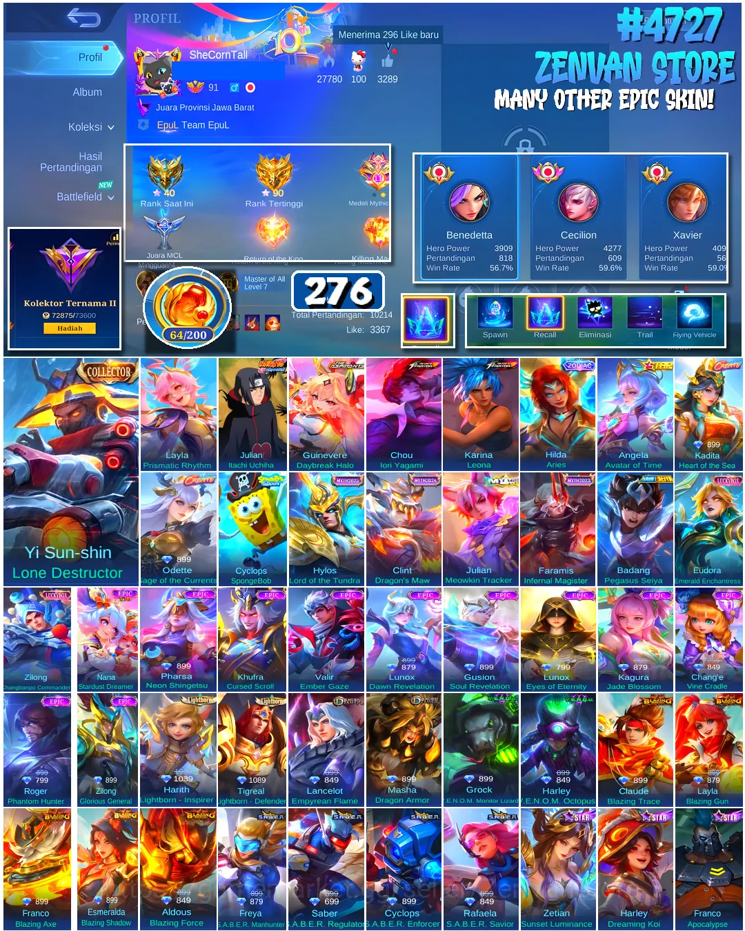 Mobile Legends: Bang Bang Accounts #4727 276 Skins | Yi Sun-shin Lone Destructor (COLLECTOR) | Chou Iori Yagami (KOF 1