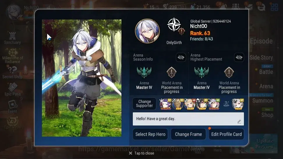 Epic Seven Accounts High-End GLOBAL UnVerif|10 ML(Rhiana&Luc,WOTM Tenebria,NM 2
