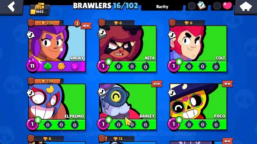 Brawl Stars Accounts 1002 Trophy|16 Brawlers 3 Max Lvl [Edgar,Carl,Shelly] Myth Fang|1 Epic Skins [Chicken Rico]|CN ON|Take 6
