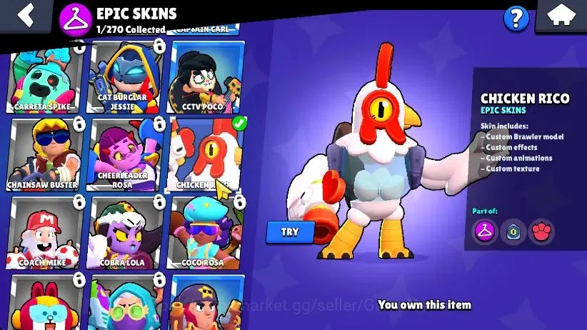 Brawl Stars Accounts 1002 Trophy|16 Brawlers 3 Max Lvl [Edgar,Carl,Shelly] Myth Fang|1 Epic Skins [Chicken Rico]|CN ON|Take 7