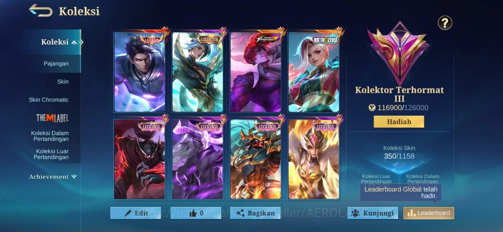 Mobile Legends: Bang Bang Accounts Collector A754|350 Skin|SkinLegend:Alucard,SkinCollab:ChouKOF,IxiaMetroZero|Skin 1