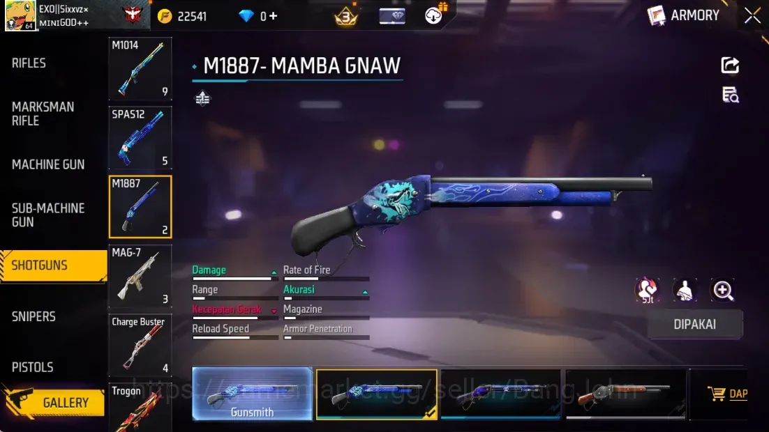 Free Fire Accounts Indonesia | 1 EVO (M60 Dreambreaker Lv.6)| M1887- Mamba Gnaw, Peluru Suci| Electrify Bunny Backpack 1