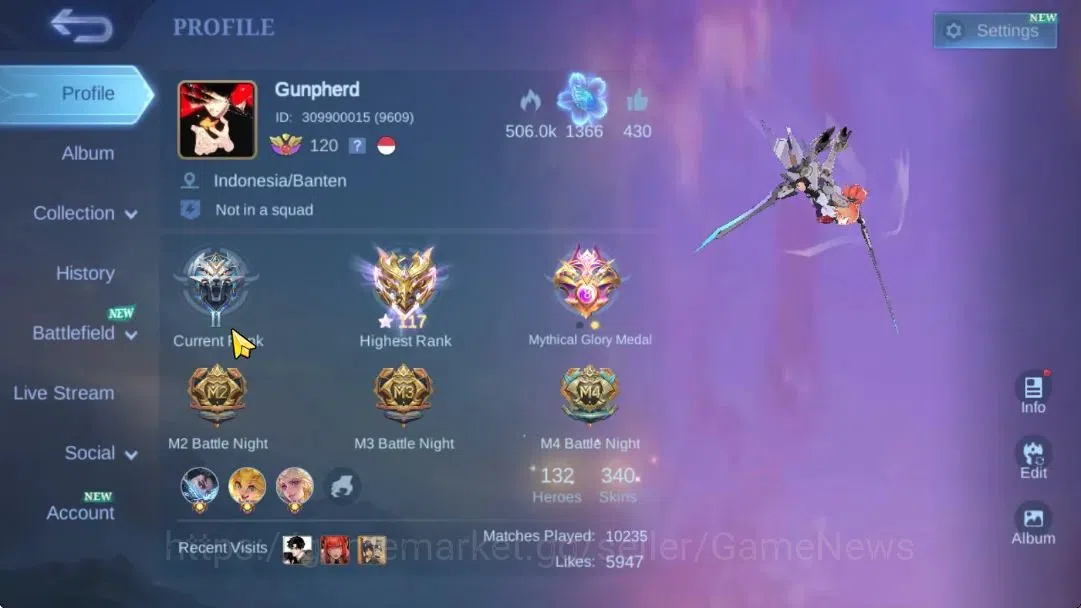 Mobile Legends: Bang Bang Accounts Hero 132|Skin 340|High Rank Imo 117|Legend(Lunox), image 3