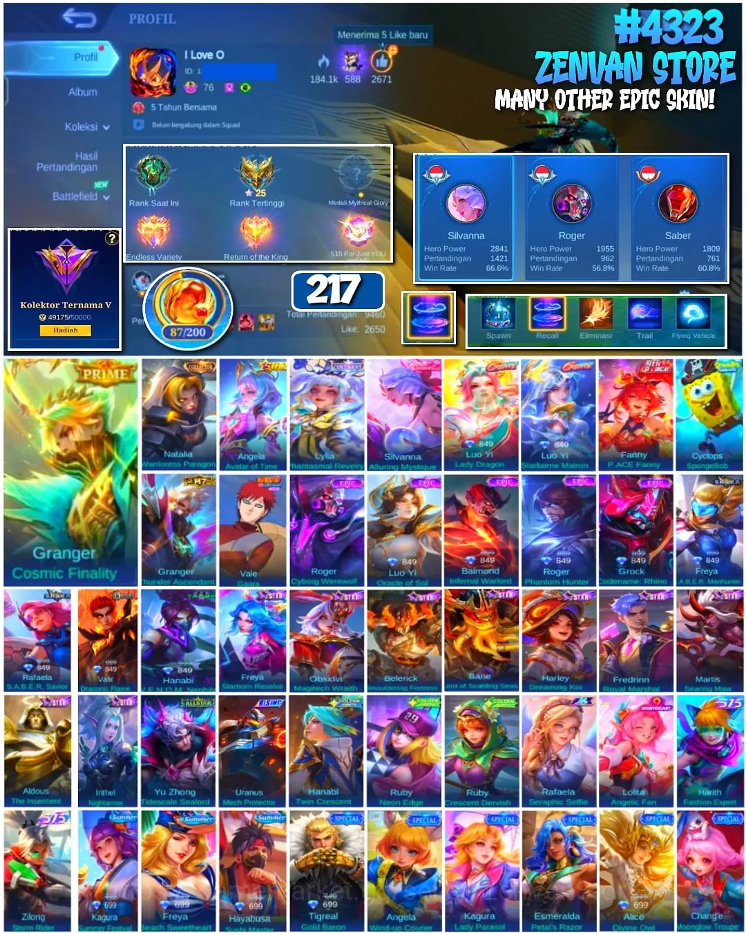 Mobile Legends: Bang Bang Accounts #4323 217 Skins | Granger Cosmic Finality (PRIME) | Vale Gaara (NARUTO) | Cyclops 1
