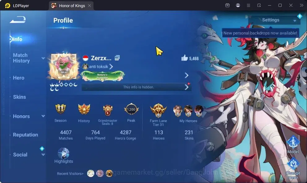 Honor of Kings Accounts Rare Skin Global|104H 72S|SXD Dyadia,HouYi|LG Lam,DianWe,LiXin,LiBai,Musashi|SS HouYi|SH 1