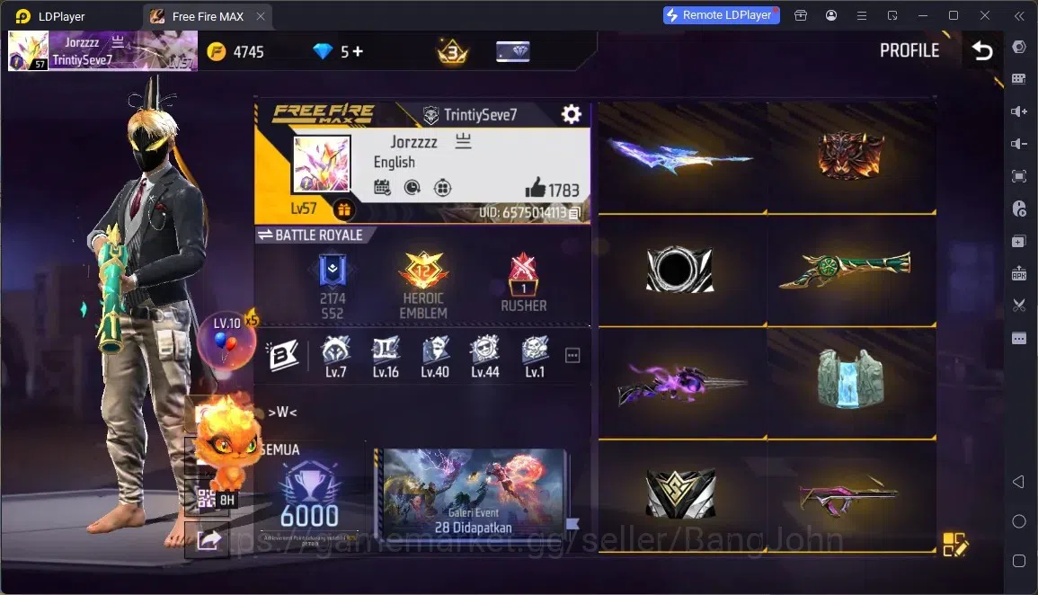Free Fire Accounts Indonesia |4 Skins M1887:Emerald Power,Mamba Gnaw,2 More|Bunny Backpack|Naruto Bundle:Madara|Weapon Skin 1