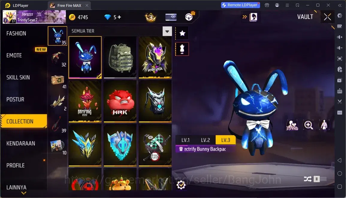 Free Fire Accounts Indonesia |4 Skins M1887:Emerald Power,Mamba Gnaw,2 More|Bunny Backpack|Naruto Bundle:Madara|Weapon Skin 13