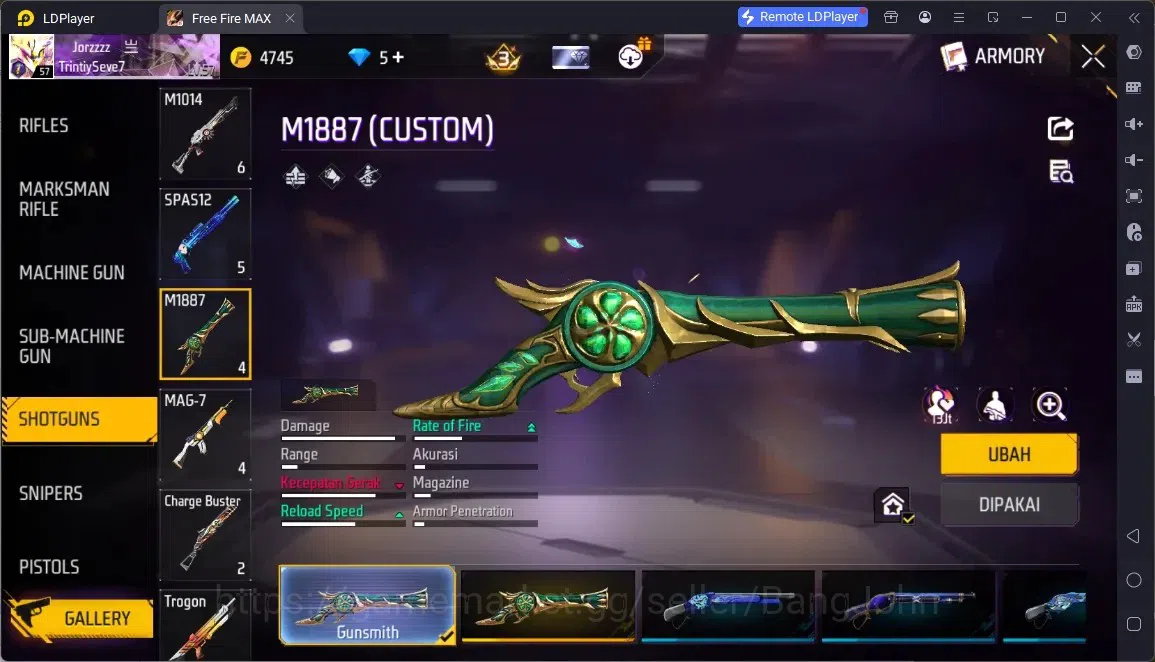 Free Fire Accounts Indonesia |4 Skins M1887:Emerald Power,Mamba Gnaw,2 More|Bunny Backpack|Naruto Bundle:Madara|Weapon Skin 3