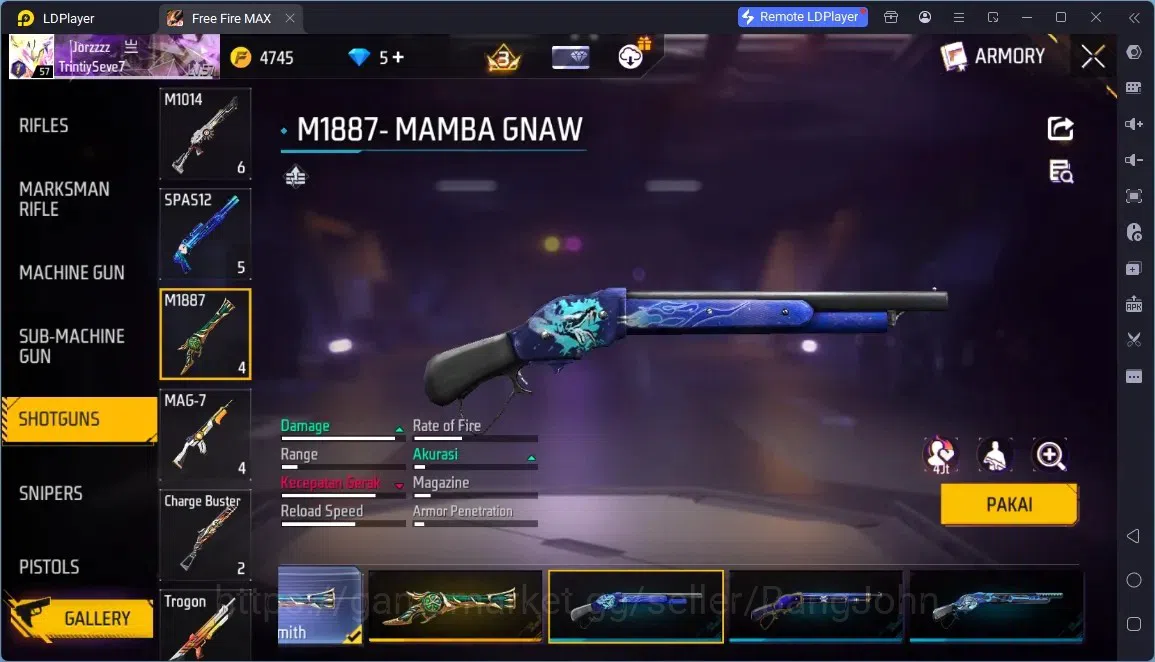 Free Fire Accounts Indonesia |4 Skins M1887:Emerald Power,Mamba Gnaw,2 More|Bunny Backpack|Naruto Bundle:Madara|Weapon Skin 4