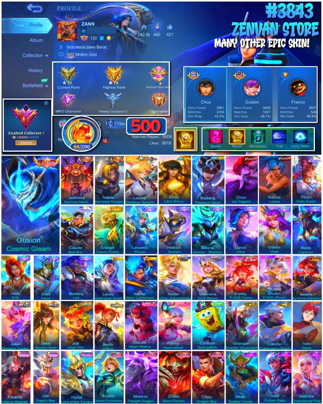 Mobile Legends: Bang Bang Accounts Collector #3843 500 Skins | Legend Gusion | Collector Jawhead & Natalia | Aspirant Lesley 1