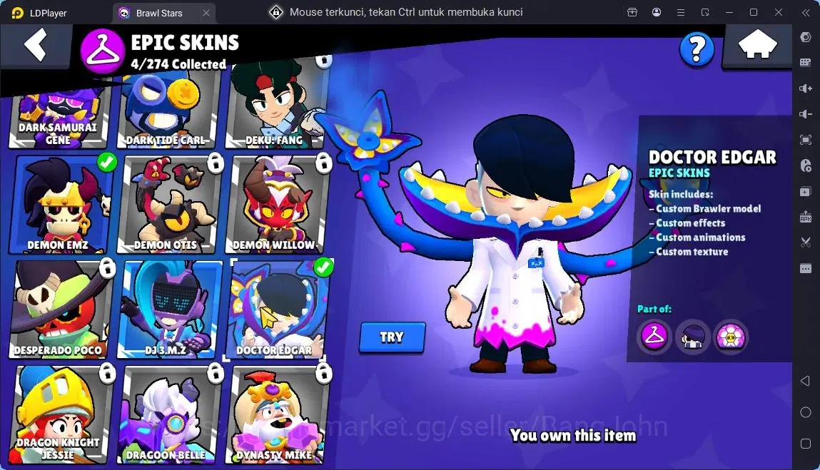 Brawl Stars Accounts Global |11 Brawler|2 Max hypercharge(Edgar,Maisie)|1270 Bling|50 Gems|1 Rare,4 Epic Skins| ProtectOff 9