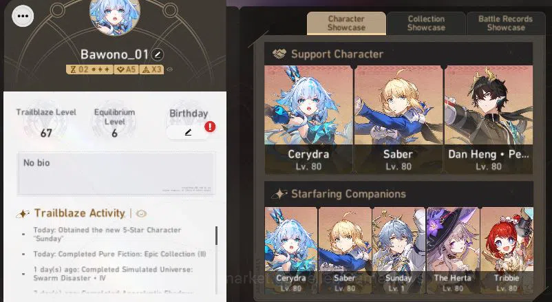 Honkai Star Rail Accounts Mid Game Asia|TL 67|7 Limited|[TheHerta,Cerydra,Saber]+Sign,Sunday,Tribbie,Archer,Dante|Male 2