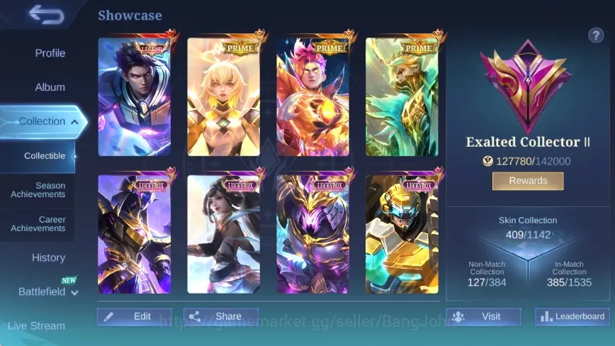 Mobile Legends: Bang Bang Accounts Others Global|Skin 409|Exalted|Legend Alucard,KOF Karina,PRIME Claude+Granger+Yu 1
