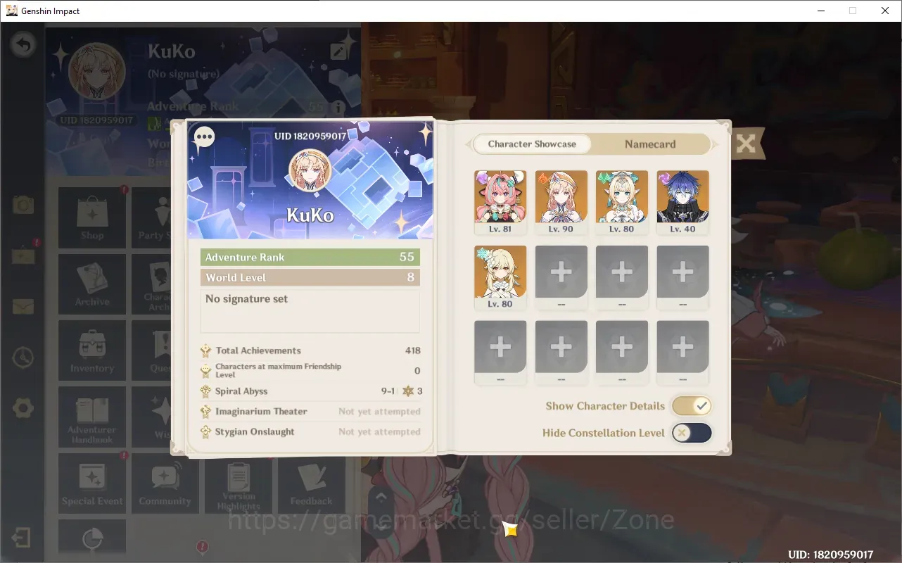Genshin Impact Accounts Reroll ASIA|AR 55|4 Limited (Vesna,Nicole,Vesna,Flins)|2(*5 Wpn)|Spiral Abyss 9-1|Detail Check 1