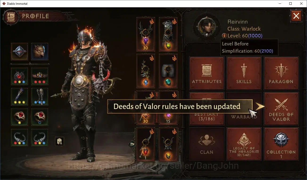 Diablo Immortal Accounts High-End NA - High Heavens | 60(1000) Warlock - Slayer | CR 45329 | Reso 270 | Inverno V | Varog 1
