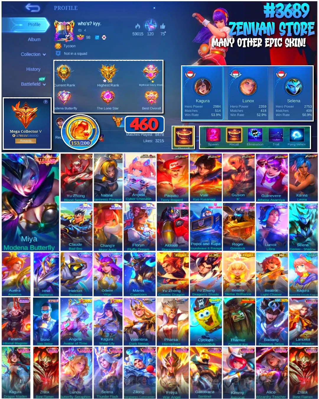 Mobile Legends: Bang Bang Accounts #3689 460 Skins | Legend Miya | Collector Yu Zhong image 1
