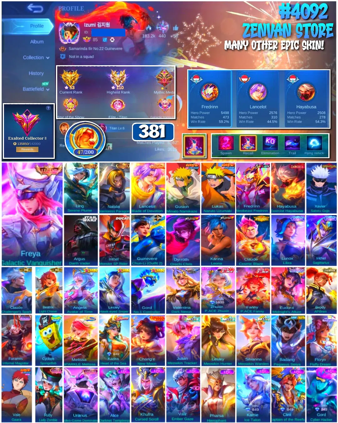 Mobile Legends: Bang Bang Accounts π₯ #4092 π₯ π 381 Skins π Legend Freya Galactic Vanquisher βοΈ Exalted Collector II 1