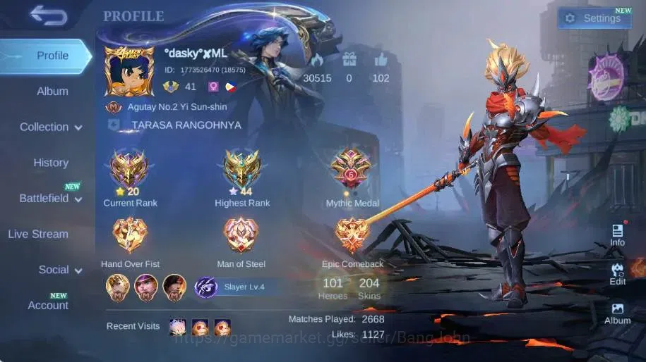 Mobile Legends: Bang Bang Accounts Collector Global|Skin 204|Renowned|KOF Karina,PRIME Granger,Sanrio Floryn,NARUTO 1