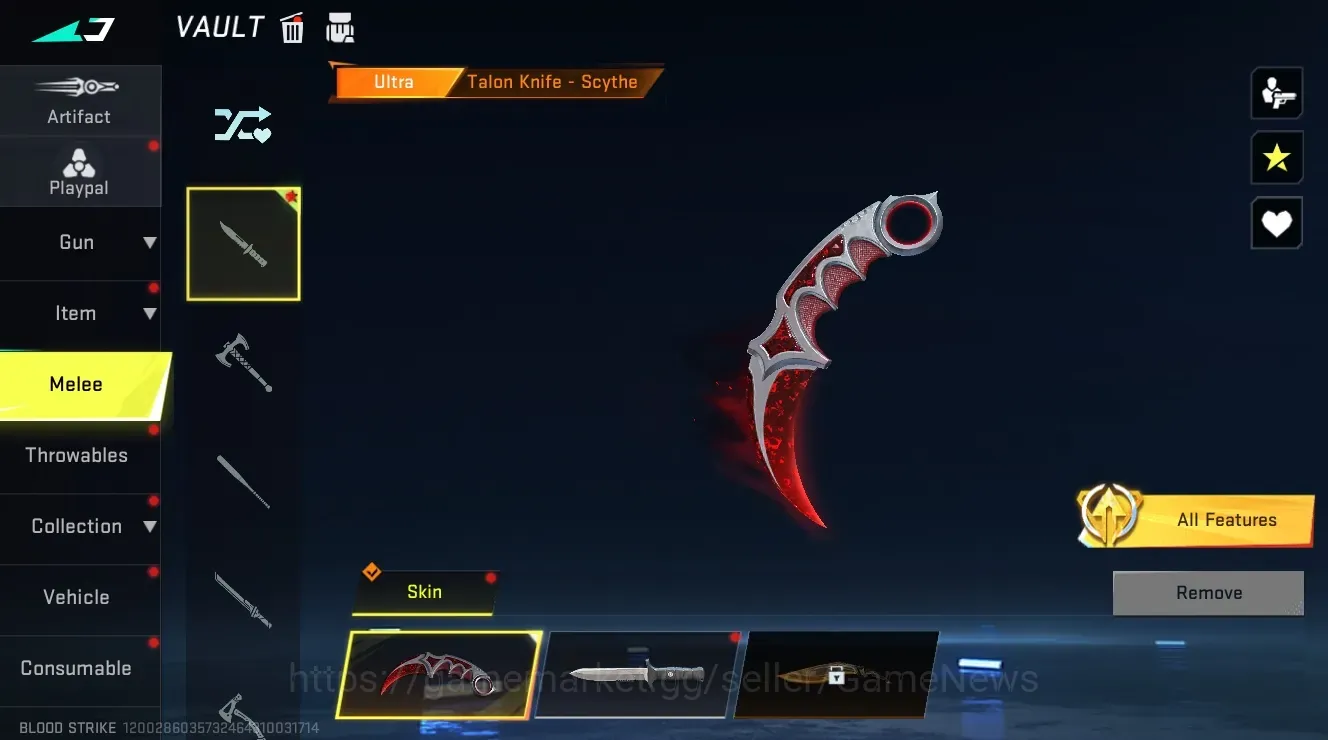 Blood Strike Accounts Collab Skin Asia|Ultra Melee Talon-Scythe+Collab AOT M4A1 Bof|1 Ultra SCAR-MoltenCore|6 1
