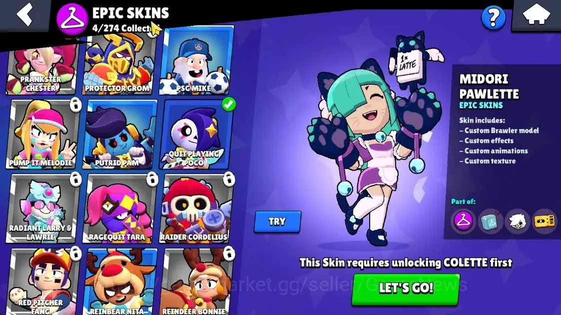 Brawl Stars Accounts 1374 Trophy|19 Brawlers 1 Max Lvl [Shelly]|24 Skins|1 Myth [Rude Lou] 4 Epic [Midori Pawlette]|CN 10