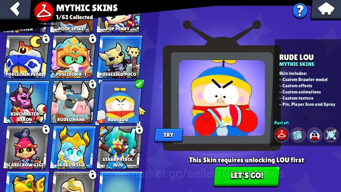 Brawl Stars Accounts 1374 Trophy|19 Brawlers 1 Max Lvl [Shelly]|24 Skins|1 Myth [Rude Lou] 4 Epic [Midori Pawlette]|CN 8