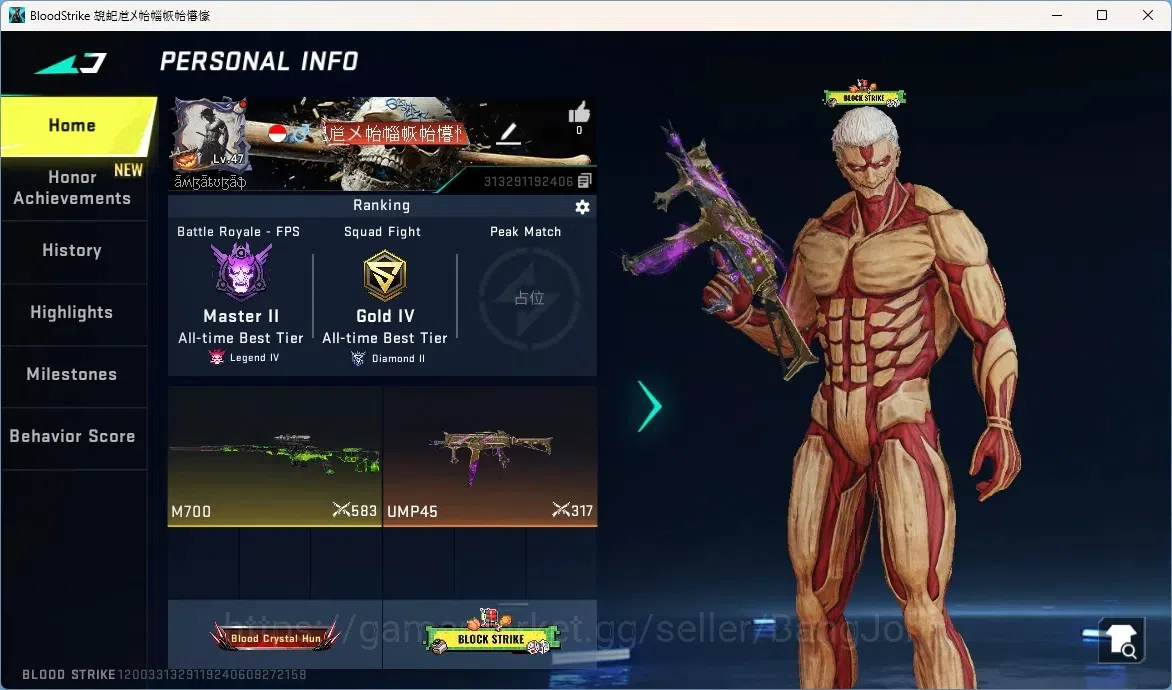Blood Strike Accounts Others ASIA | 1 AOT Striker: VOLT-Armored Titan|4 Ultra Gun: Scar, AR97, KAR98K, UMP45|Check SS BS3100B 1