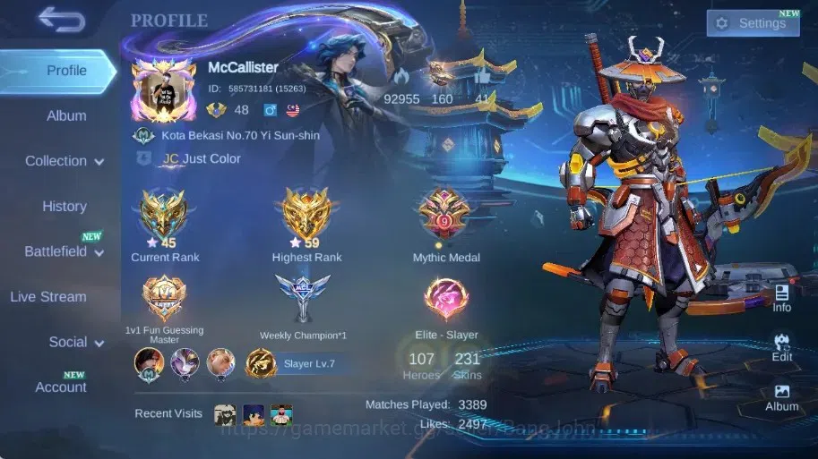 Mobile Legends: Bang Bang Accounts Collector Global|Hero 107|Skin 231|Legend Lesley, Collector Natalia+Yi Sun-shin,Aspirants 1