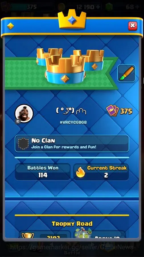 Clash Royale Accounts Others Lv 375|KTL 9|Trophy 3103|Card 48/122|3 EVO 8 Epic 17 Rare 22 Common|1 WS|Take Mail|Check 2
