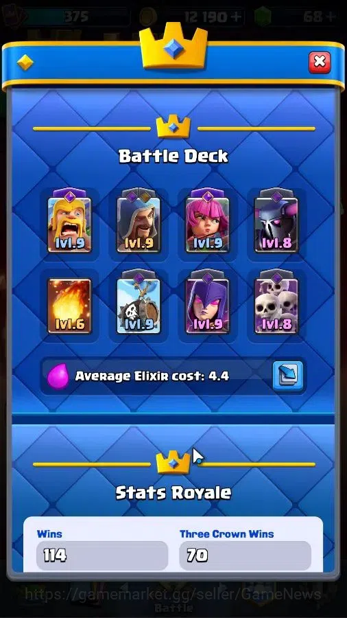 Clash Royale Accounts Others Lv 375|KTL 9|Trophy 3103|Card 48/122|3 EVO 8 Epic 17 Rare 22 Common|1 WS|Take Mail|Check 5