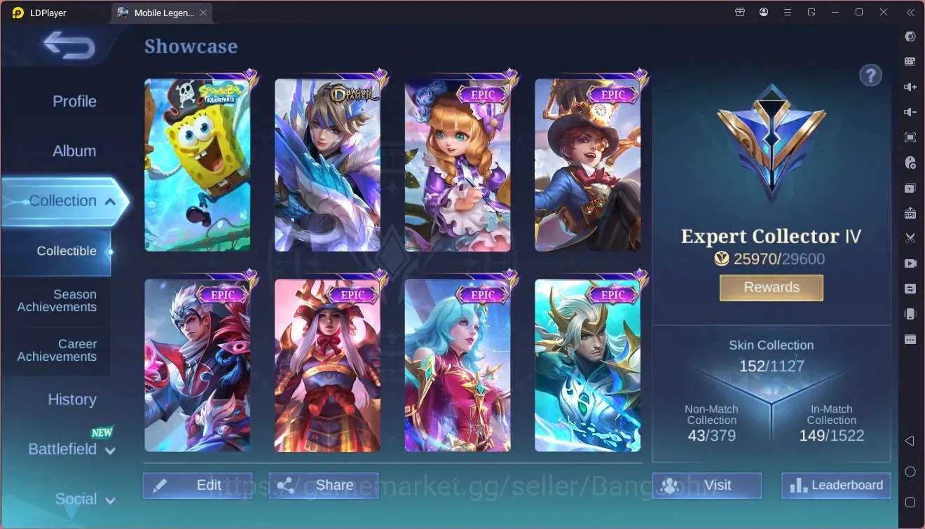 Mobile Legends: Bang Bang Accounts Collector Global |Hero 102|Skin 152|Expert|Spongebob Cyclops|Dragon Kimmy|Epic 2
