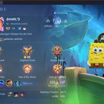 Mobile Legends: Bang Bang Accounts Collector Global |Hero 102|Skin 152|Expert|Spongebob Cyclops|Dragon Kimmy|Epic