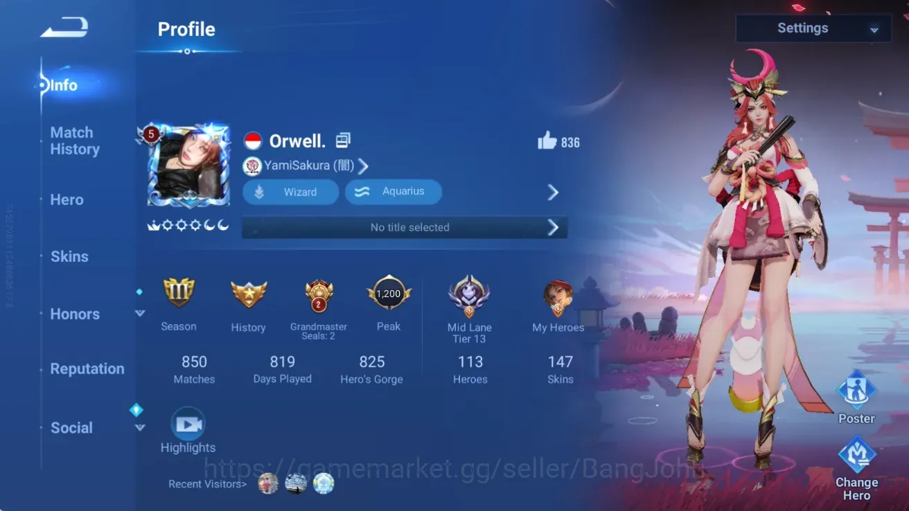 Honor of Kings Accounts Rare Skin Global|113H 147S|Blessed:Mai 1