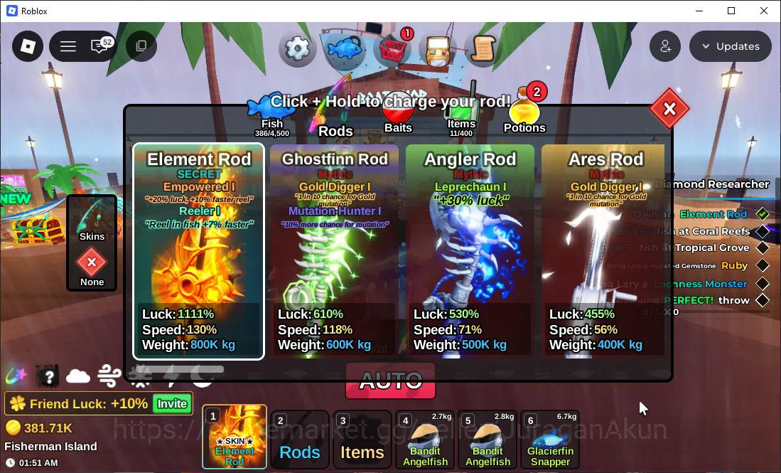 Roblox Accounts Lv 450 Fish It [1 Secret(Element),3 Mytic Rods|1 secret fish (Strawberry Choc Megalodon),381.71k 4